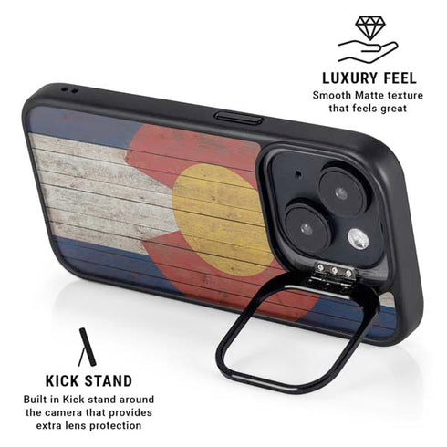 Colorado Flag Dark Wood iPhone 15 Kickstand Case